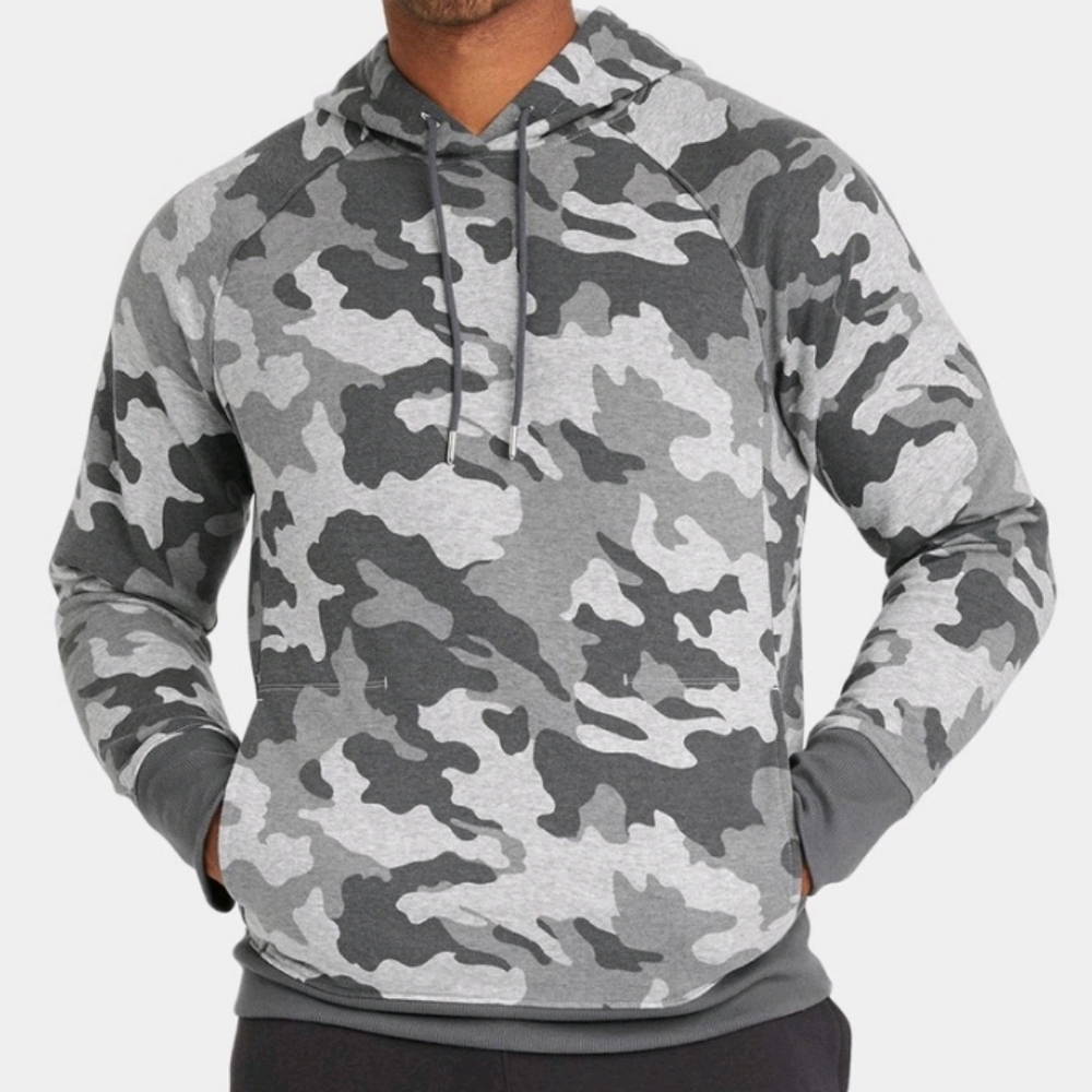 Gray Camo Print Cotton Fleece Pullover Hoodie
